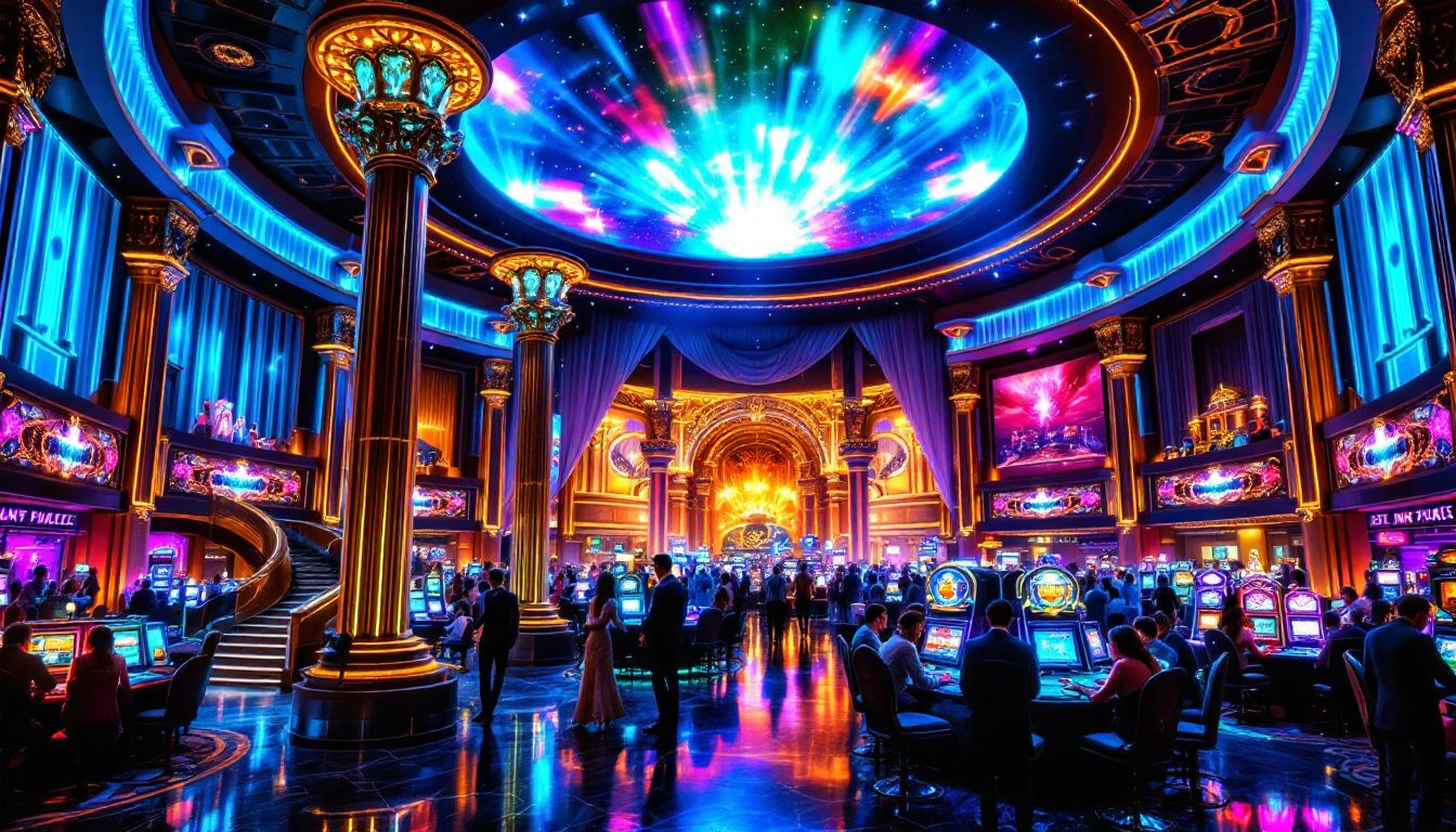 A luxurious high roller casino in Las Vegas showcasing slot machines and gaming tables.